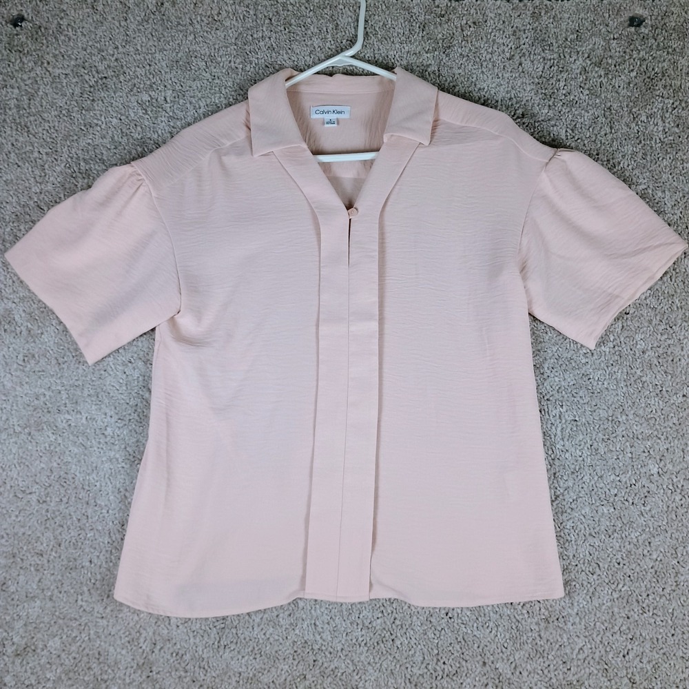 Calvin Klein Blouse Size Small Pink Short Sleeve V-Neck Pleated Front Top